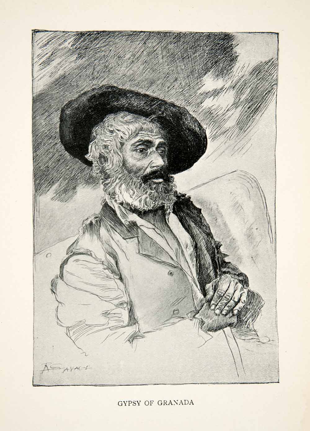 1904 Print Portrait Gypsy Granada Spain Costume Hat Chair Old Man Beard  XGOB2, image size:1000x1391