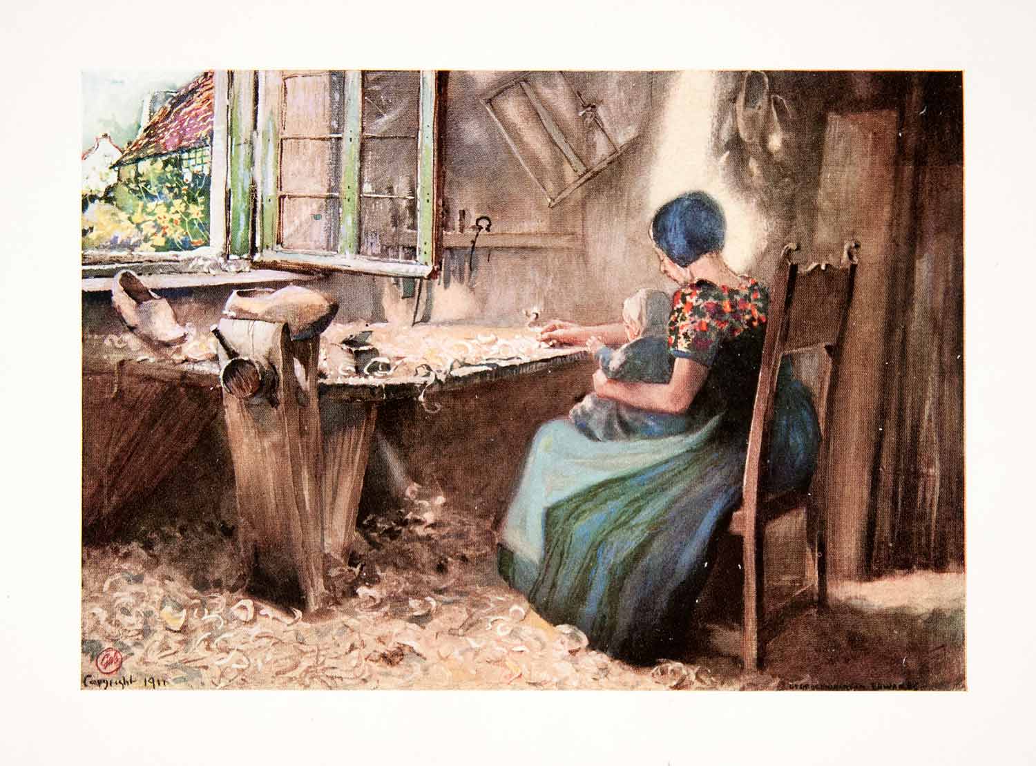 1911 Color Print George Wharton Edwards Art Flemish Carpenter Shop Mother XGOB6