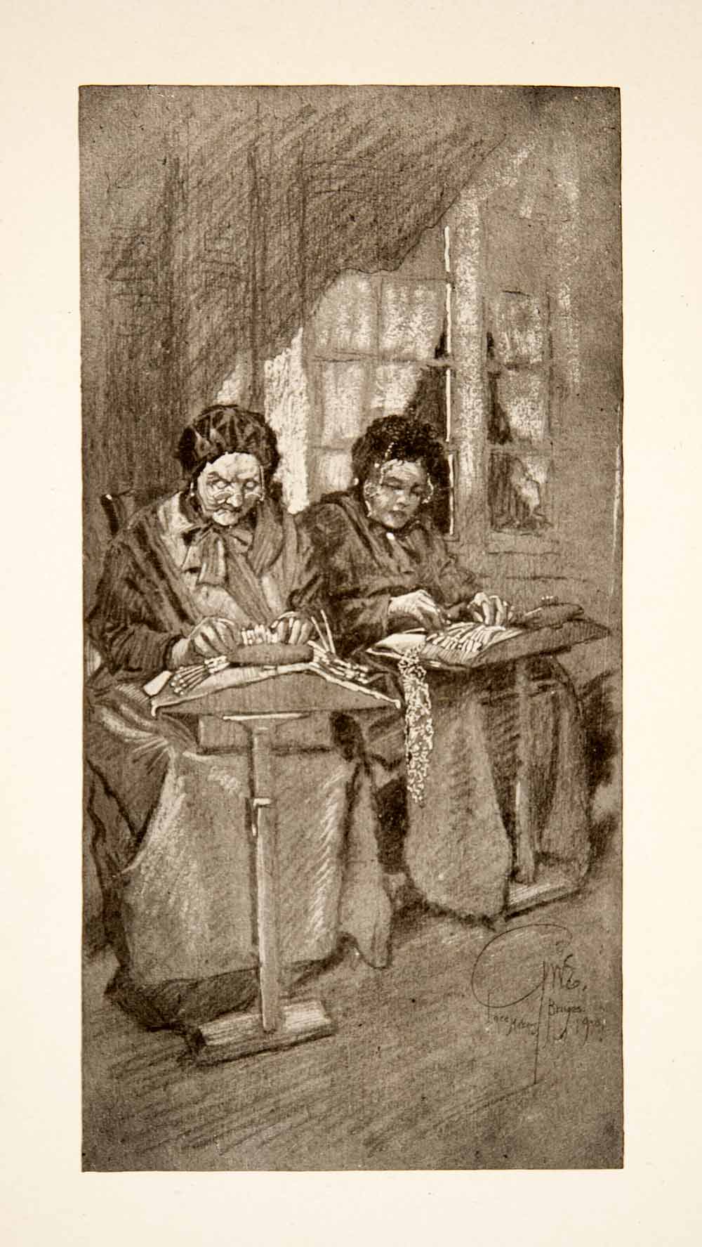 1911 Print Bruges Belgium Flemish Lacemakers Women Handicraft George XGOB6