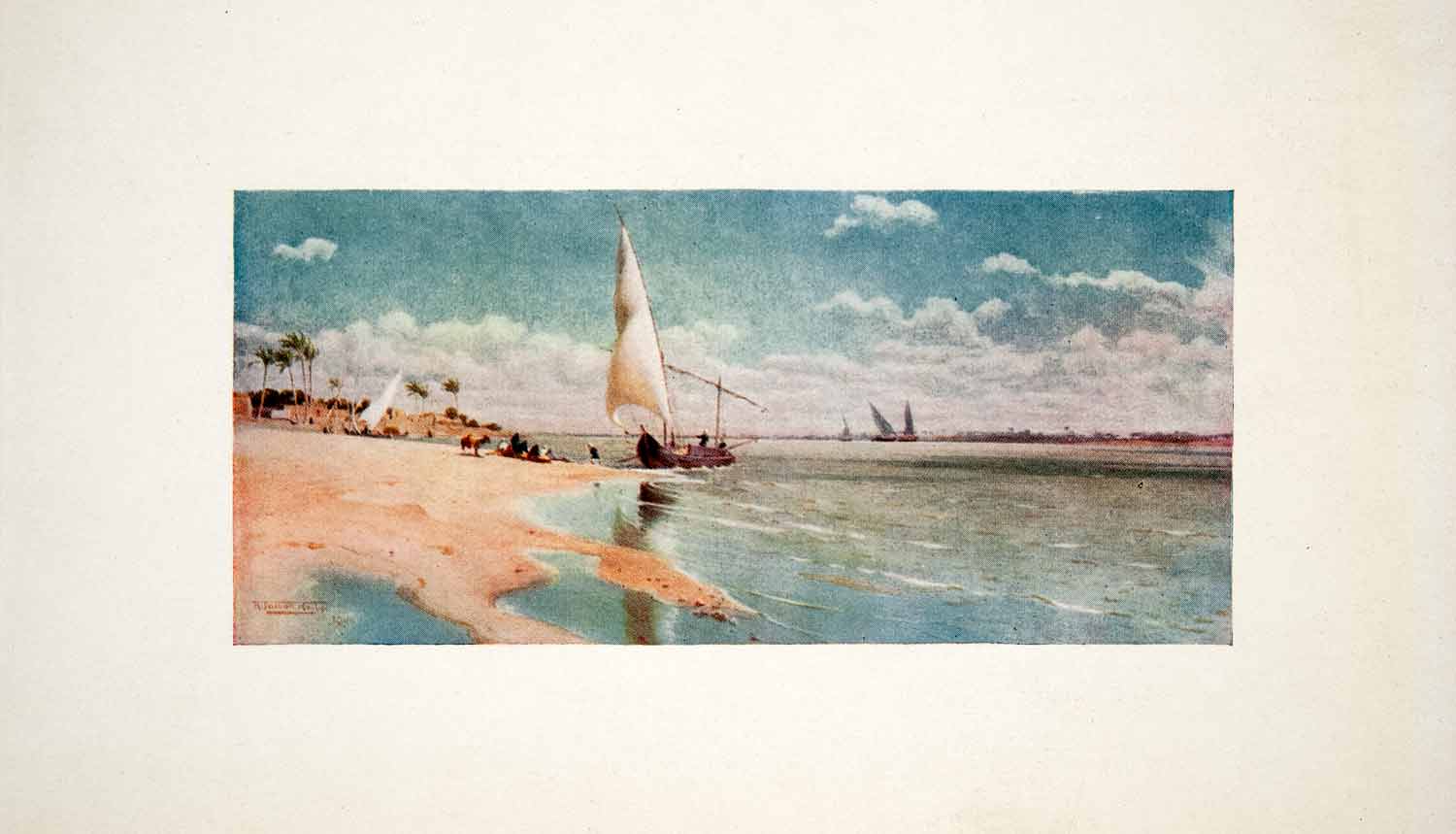 1906 Color Print Banks Ayat Egypt Nile River Sailboat Cairo Robert Talbot XGOB7