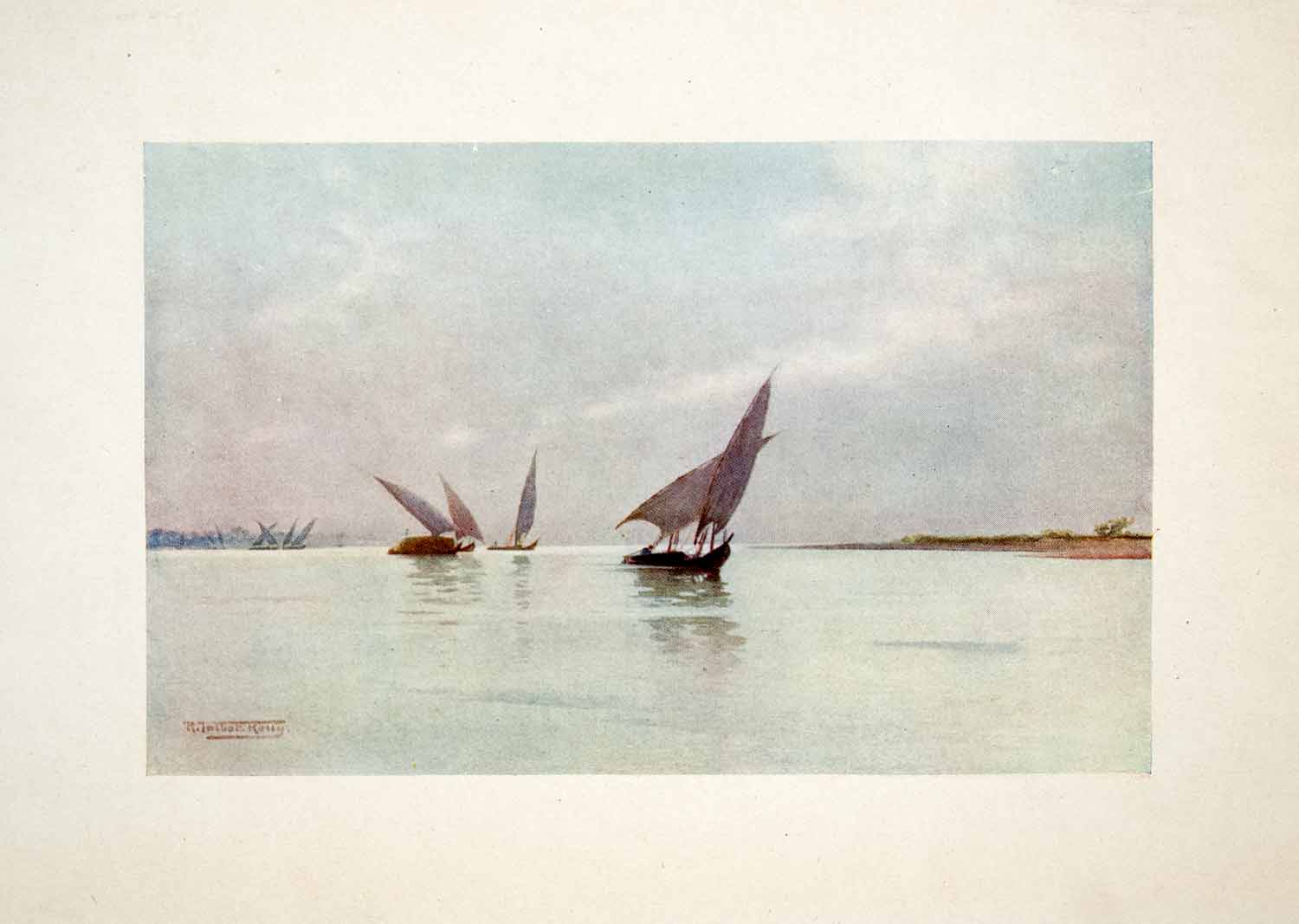 1906 Color Print Silvery Day Upper Nile River Egypt Sailboat Robert Talbot XGOB7