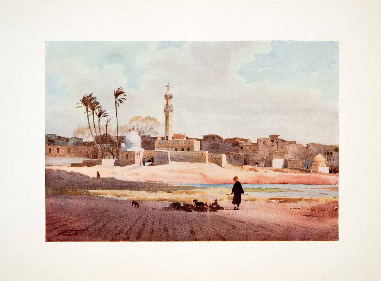 1906 Color Print Minaret Dome Mosque Salamuni Nile Egypt Dog Robert Talbot XGOB7