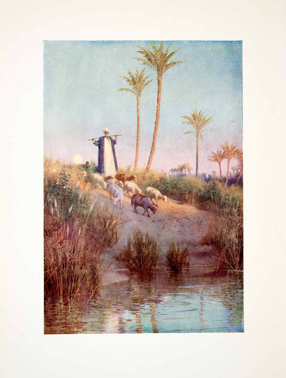 1906 Color Print Pastoral Man Herd Sheep Stream Faqous Egypt Robert Talbot XGOB7