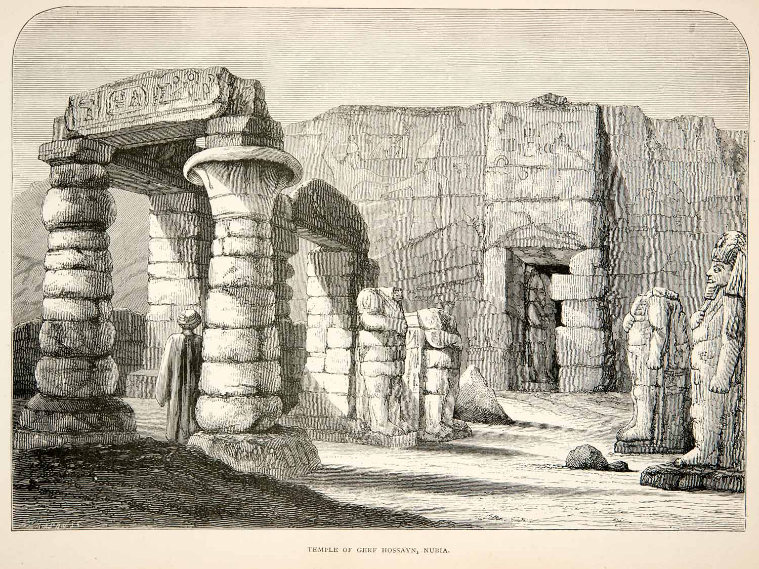 1891 Wood Engraving Temple Gerf Hossayn Nubia Egypt Hussein Ramesses II XGOB9