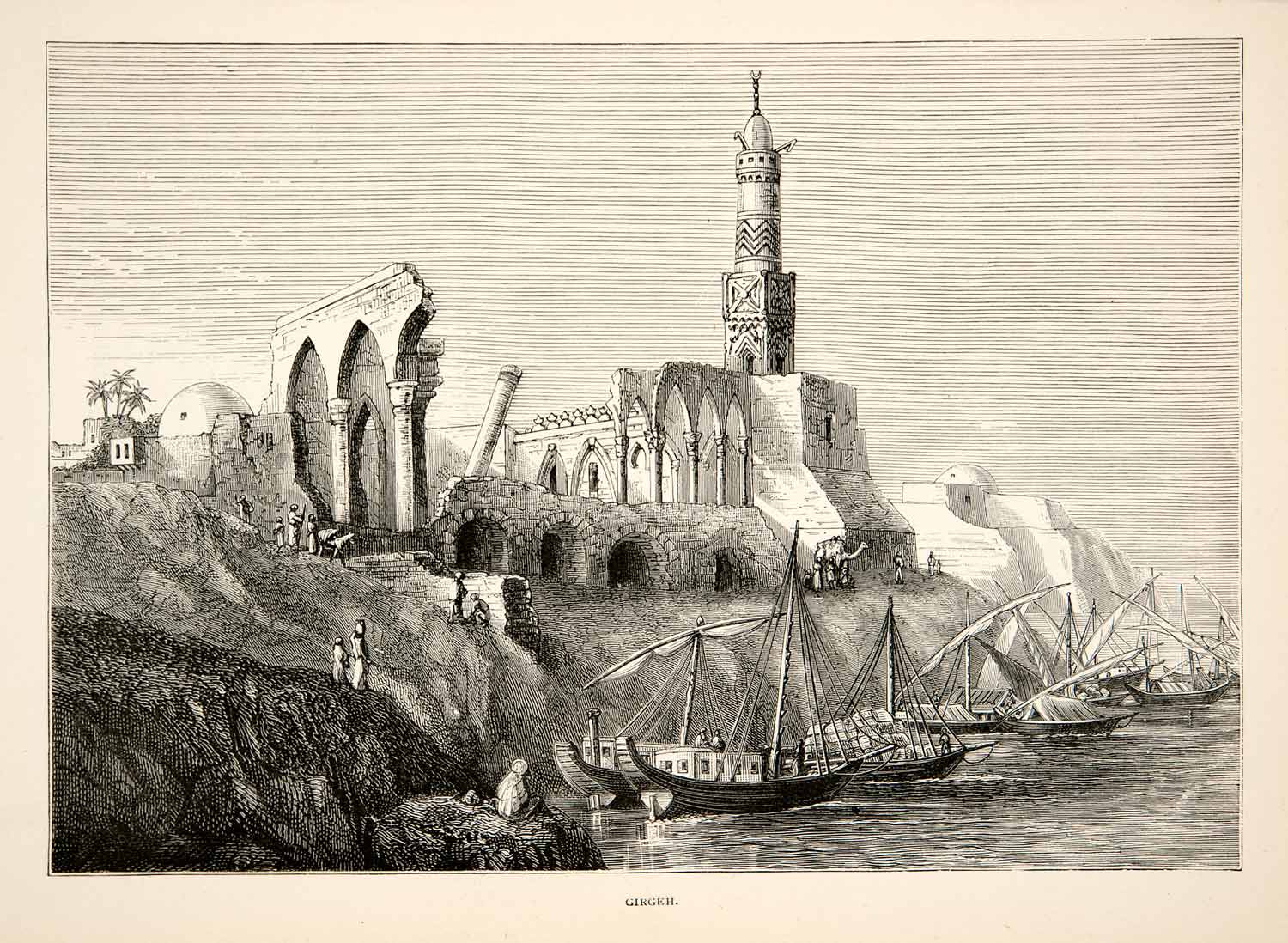 1891 Wood Engraving Girgeh Girgaa Jirja Egypt Nile River Bank Ruin Sohag XGOB9