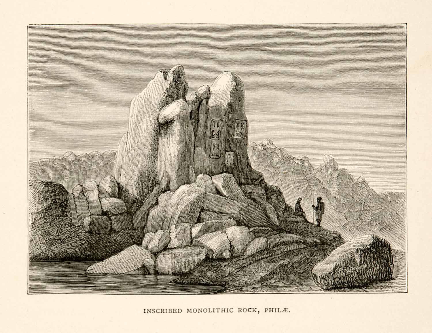 1891 Wood Engraving Monolithic Rock Philae Egypt Egyptian Lake Nasser XGOB9