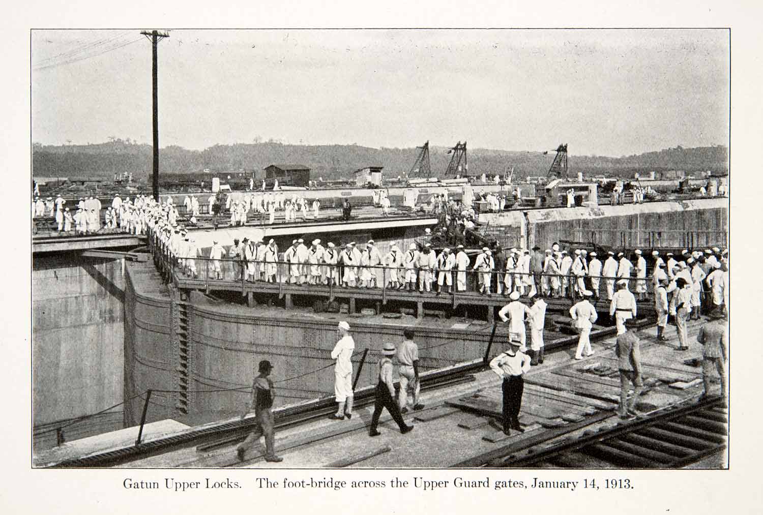 1913 Print Panama Canal Gatun Upper Locks Footbridge Guard Gates Sailors XGOC4