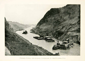 1915 Print Panama Canal Excavation Culebra Cut Landslide Ships South XGOC6