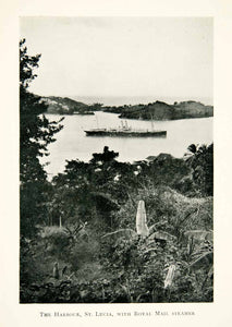 1915 Print St. Lucia Harbor Royal Mail Steamboat Jungle Tropics Caribbean XGOC6