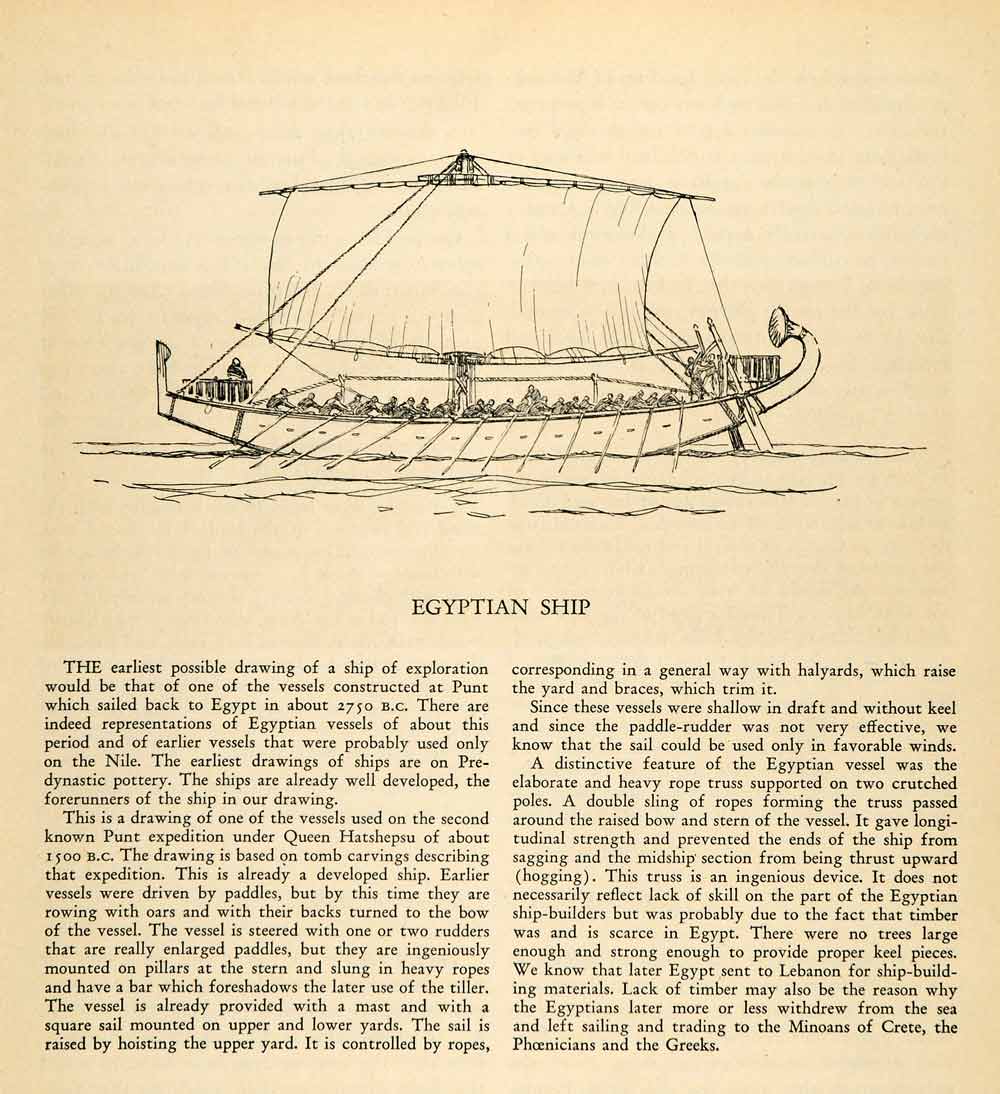 1935 Print Egyptian Ship Truss Mast Square Sail Bow Rudder Halyard Rowing XGP2