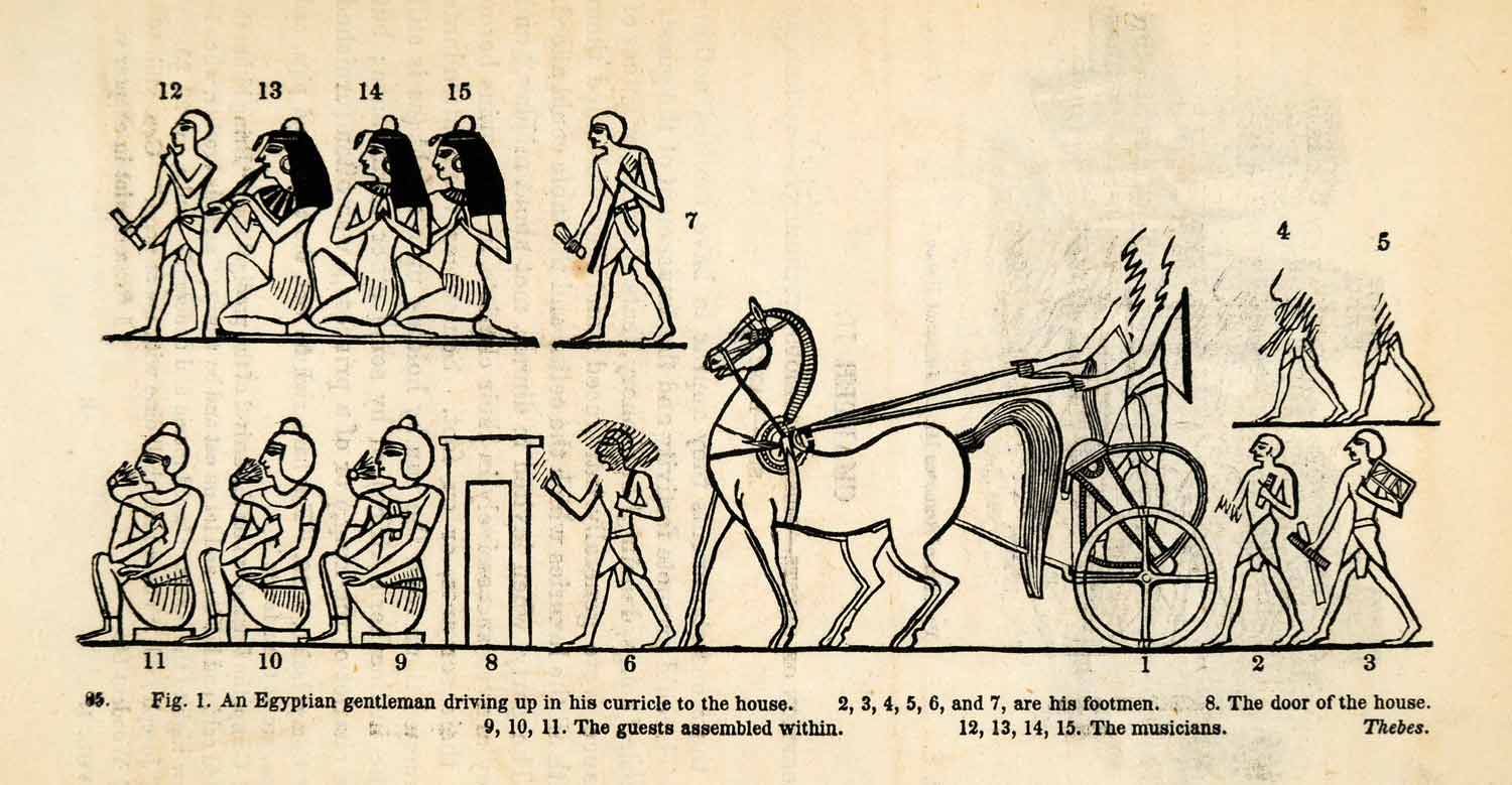 1854 Woodcut Ancient Egyptian Chariot Musicians Thebes Egypt Archaeological XGP5