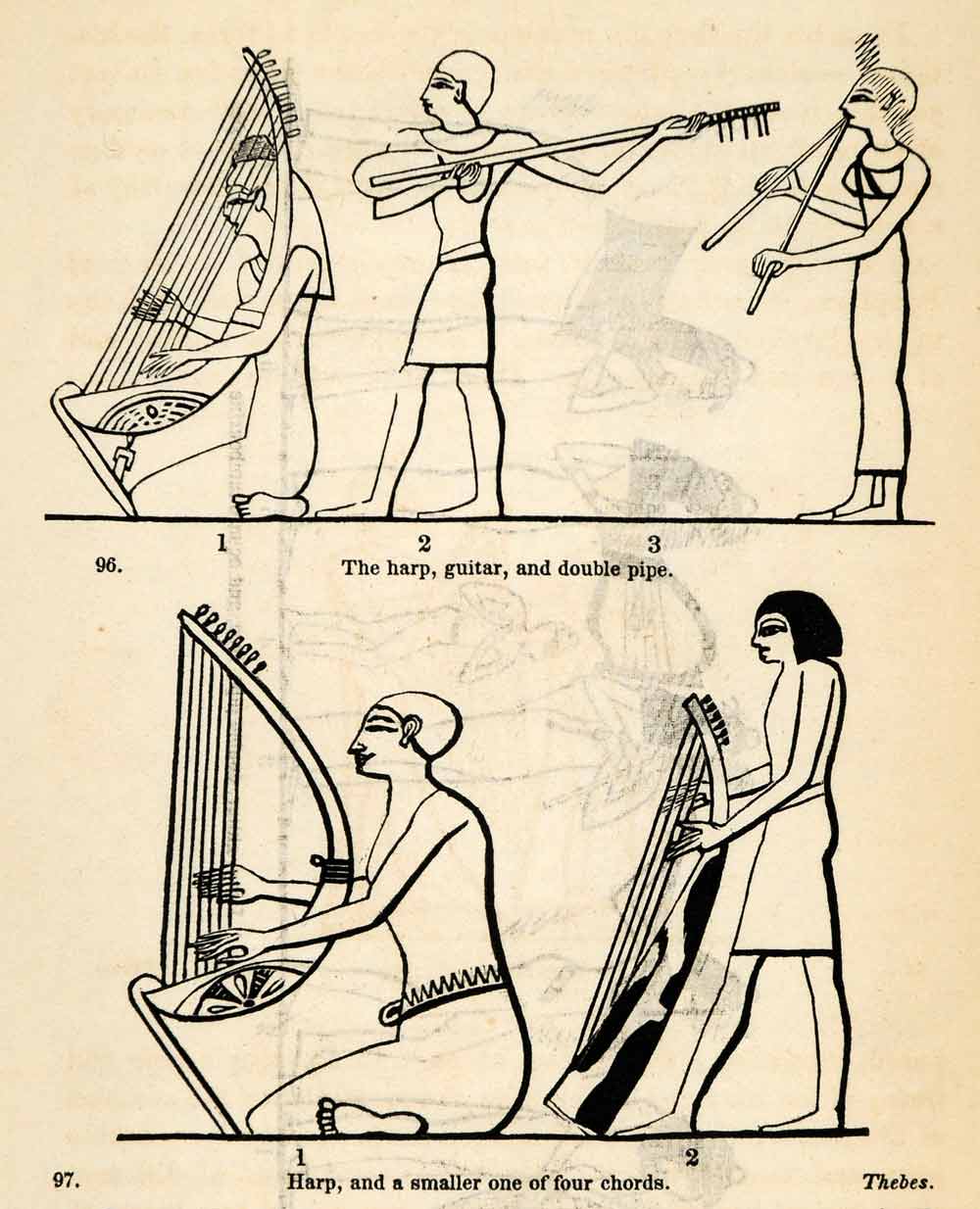 1854 Woodcut Ancient Egyptian Musical Instruments Harp Double Pipe Guitar XGP5