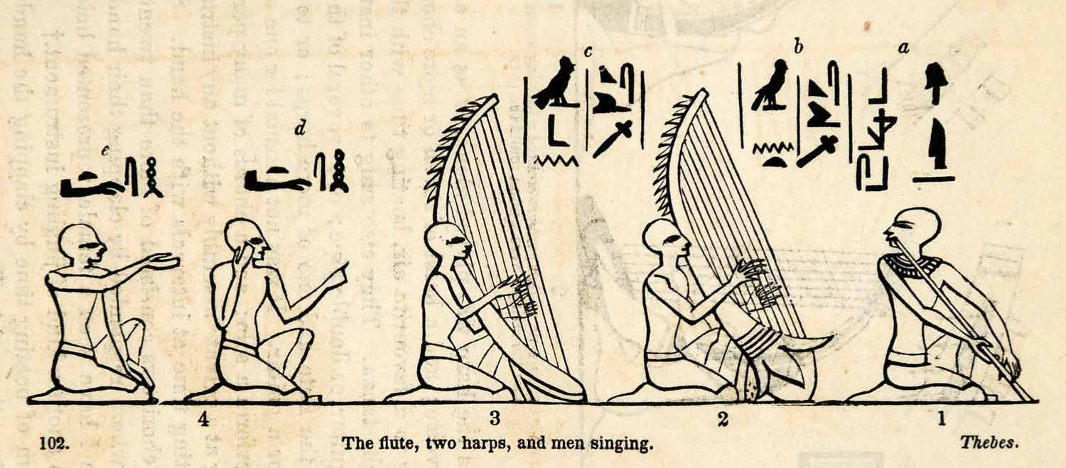 1854 Woodcut Ancient Egyptian Musical Instruments Hieroglyphics Musicians XGP5