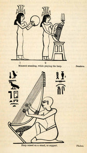 1854 Woodcut Ancient Egyptian Minstrel Harp Musician Hieroglyphics XGP5