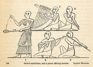 1854 Woodcut Ancient Egyptian Sacred Musicians Harp Priest Incense XGP5