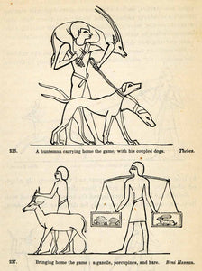 1854 Woodcut Ancient Thebes Egyptian Gazelle Dog Hunters Wildlife XGP5