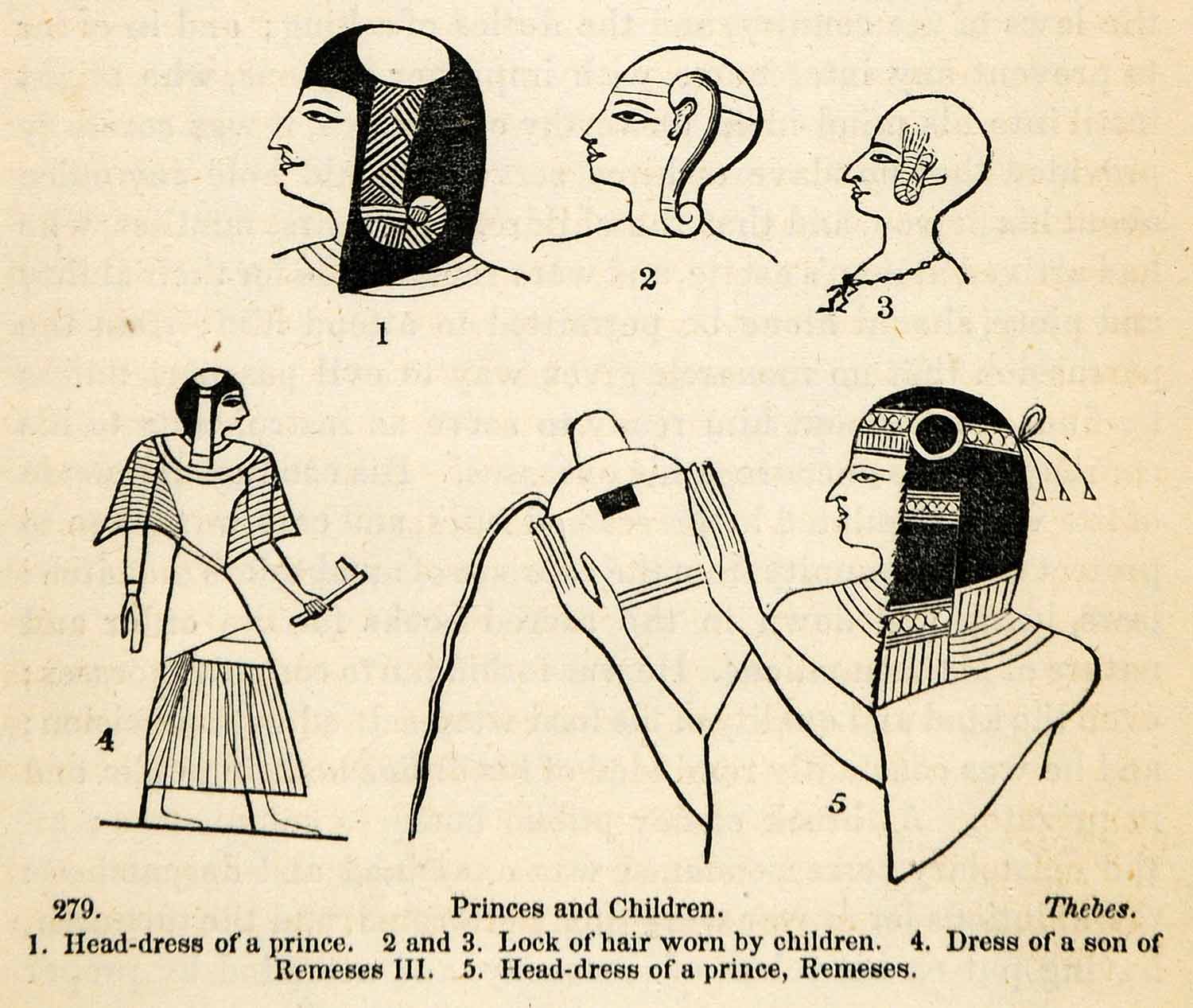 1854 Woodcut Ancient Thebes Egyptian Headdress Hair Prince Remeses XGP5