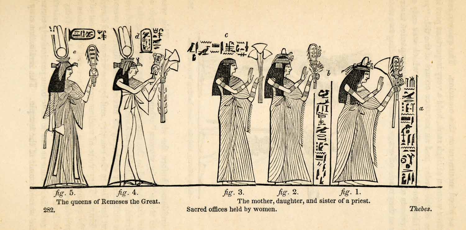 1854 Woodcut Ancient Egyptian Royalty Remeses Priest Hieroglyphics XGP5