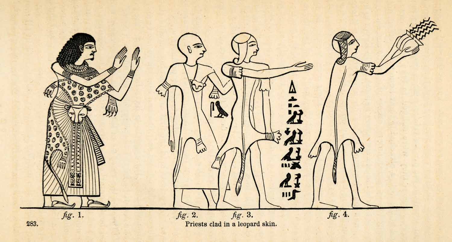 1854 Woodcut Ancient Egyptian Priests Leopard Skin Hieroglyphics XGP5
