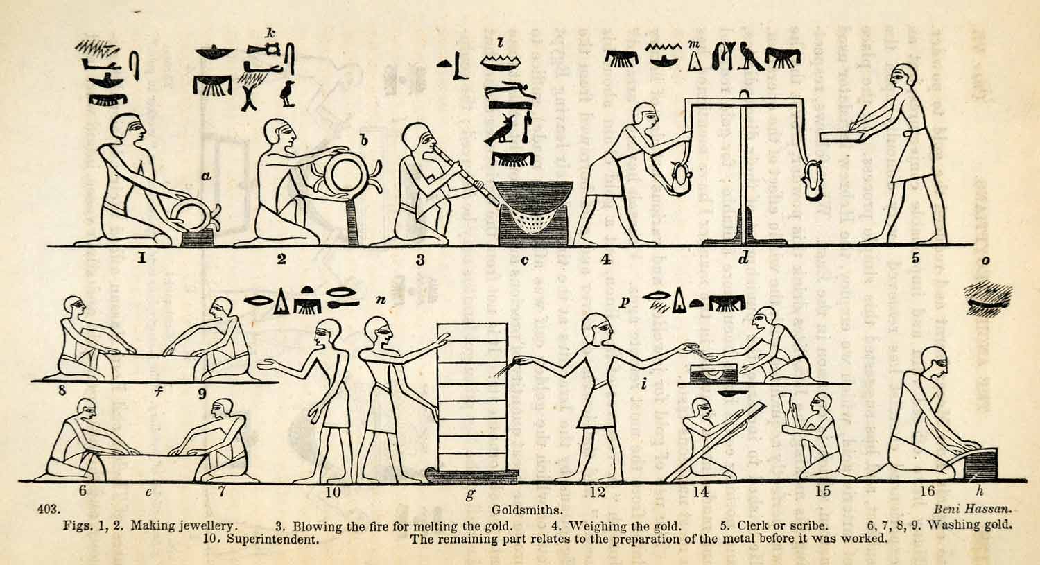 1854 Woodcut Ancient Egyptian Jeweler Goldsmith Scribe Hieroglyphics XGP5