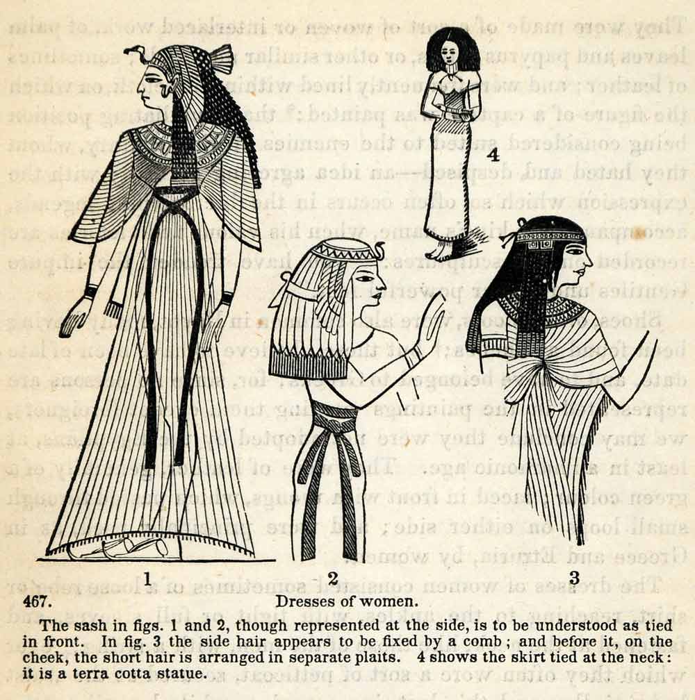 1854 Woodcut Ancient Egyptian Women Dress Sash Headdress Attire XGP5