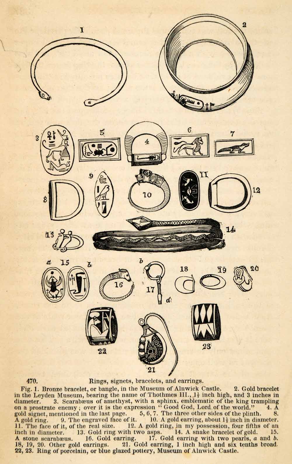 1854 Woodcut Ancient Egyptian Gold Jewelry Signets Bangles Bracelets XGP5