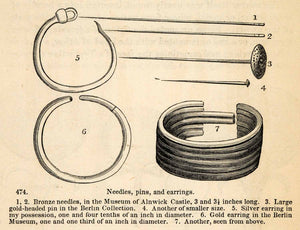 1854 Woodcut Ancient Egyptian Needles Pins Earrings Archaeology Artifacts XGP5