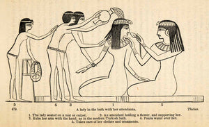 1854 Woodcut Ancient Thebes Egyptian Woman Bathing Servants Archaeology XGP5