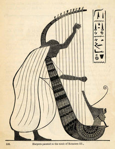 1854 Woodcuts Ancient Egyptian Remeses Harp Musician Hieroglyphics XGP5