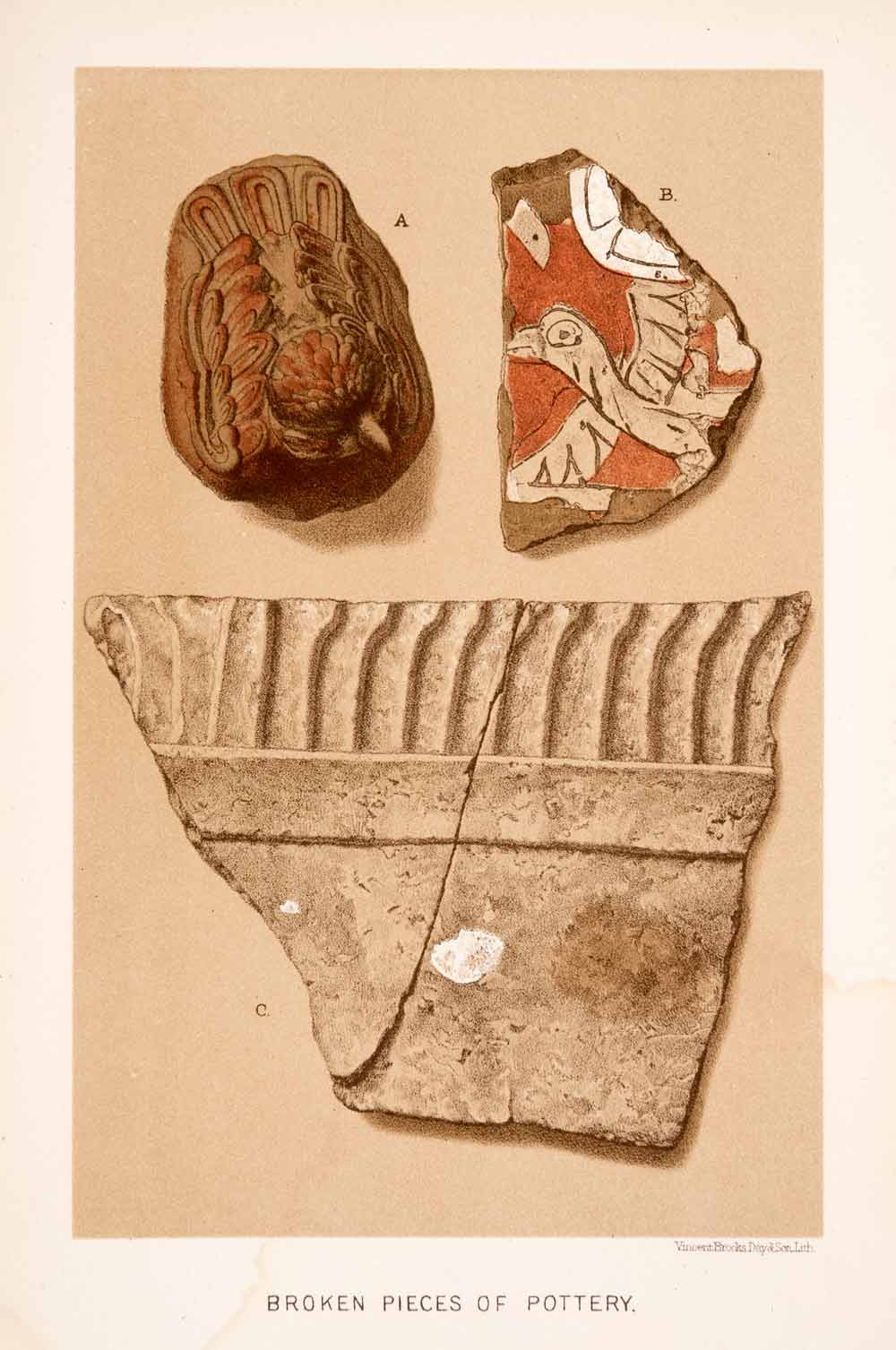 1883 Chromolithograph Broken Pottery Orange Aztec Mexico Thomas XGPA4