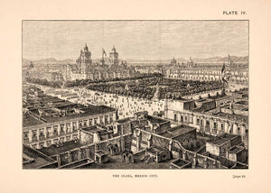 1883 Wood Engraving Plaza Mexico City Zocalo Architecture Thomas XGPA4
