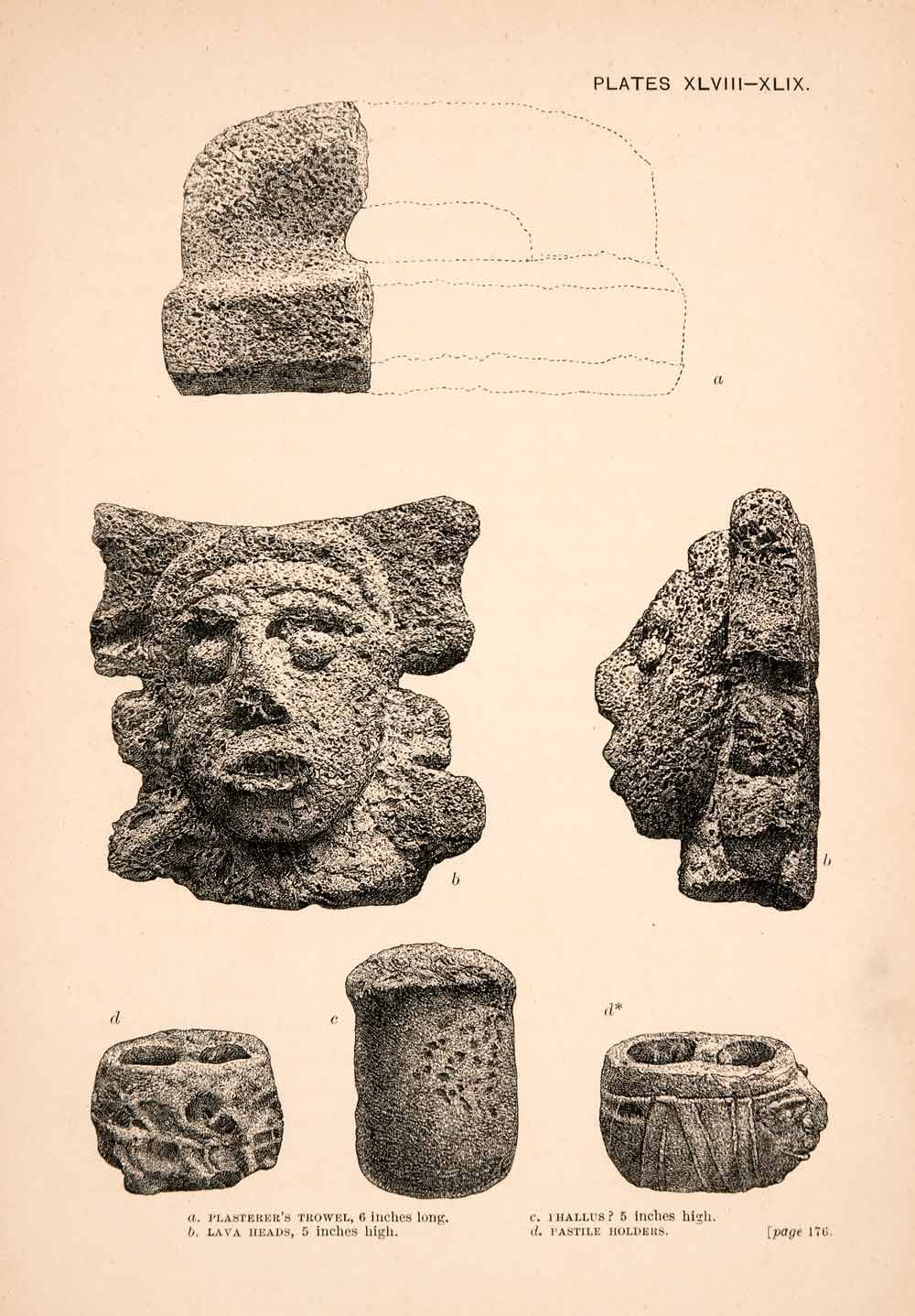 1883 Wood Engraving Lava Heads Trowel Pastile Holders Mexico Thomas XGPA4