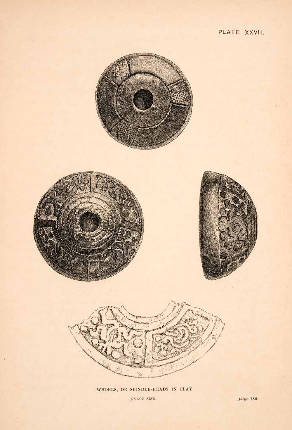 1883 Wood Engraving Whorls Wheels Spindle Heads Clay Mexico Thomas XGPA4