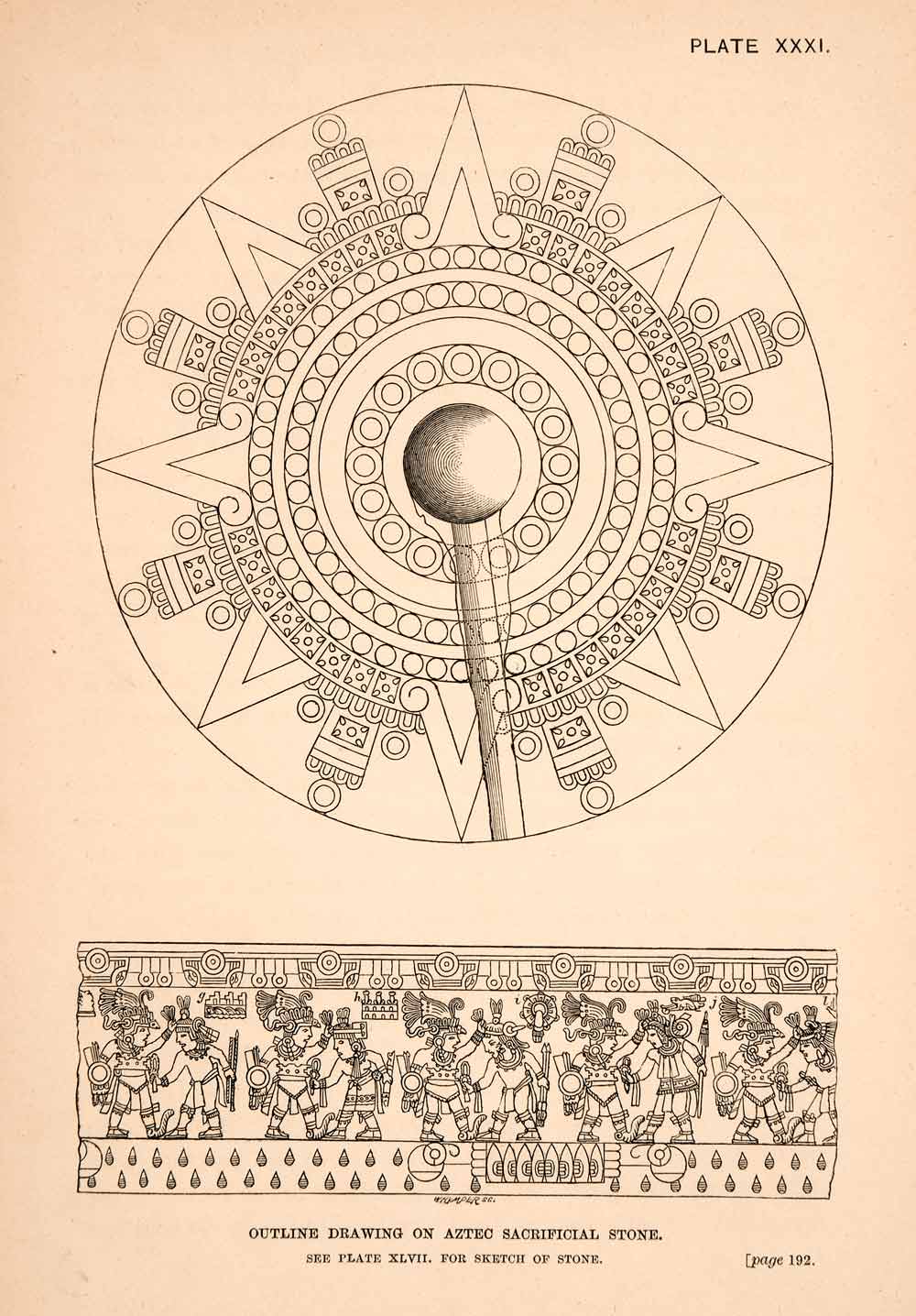 1883 Wood Engraving Ancient Sacrificial Stone Aztec Mexico Thomas XGPA4
