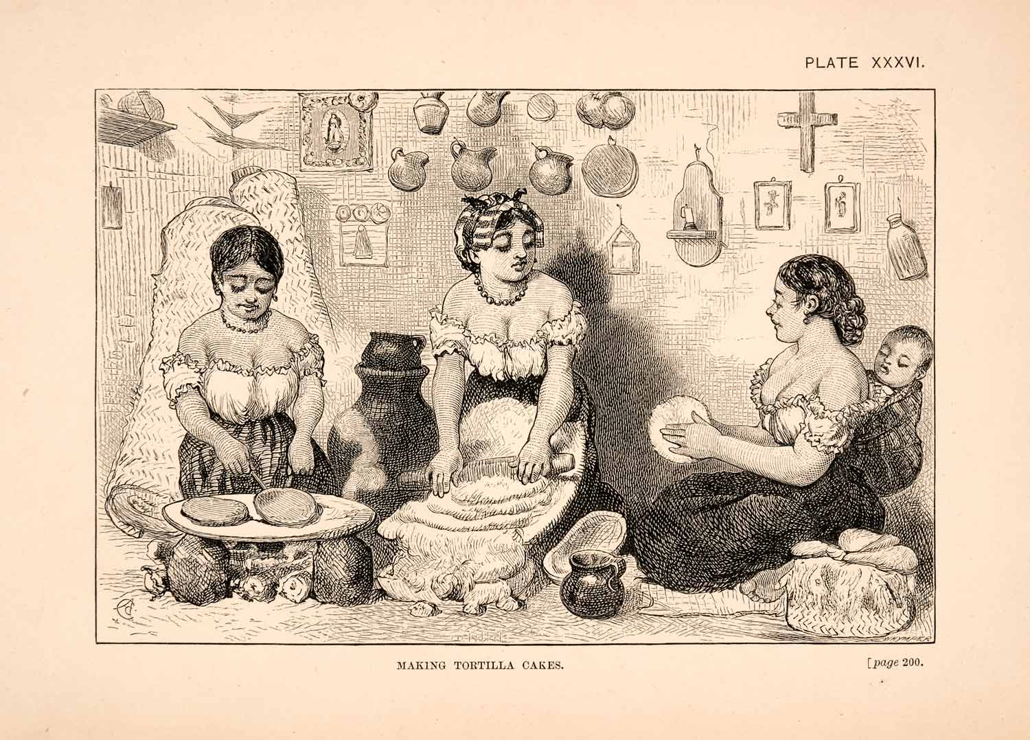 1883 Wood Engraving Women Make Tortilla Cake Cooking Mexico Thomas XGPA4