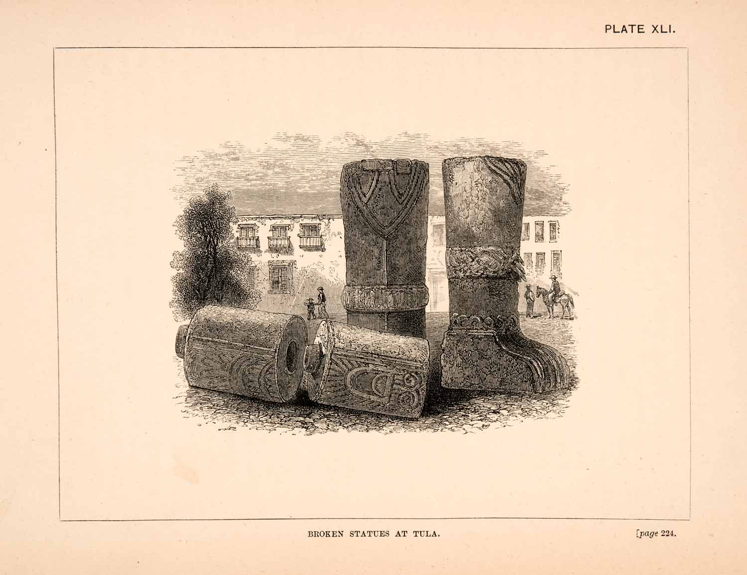 1883 Wood Engraving Broken Statues Tula Ancient Mexico Thomas Unett XGPA4
