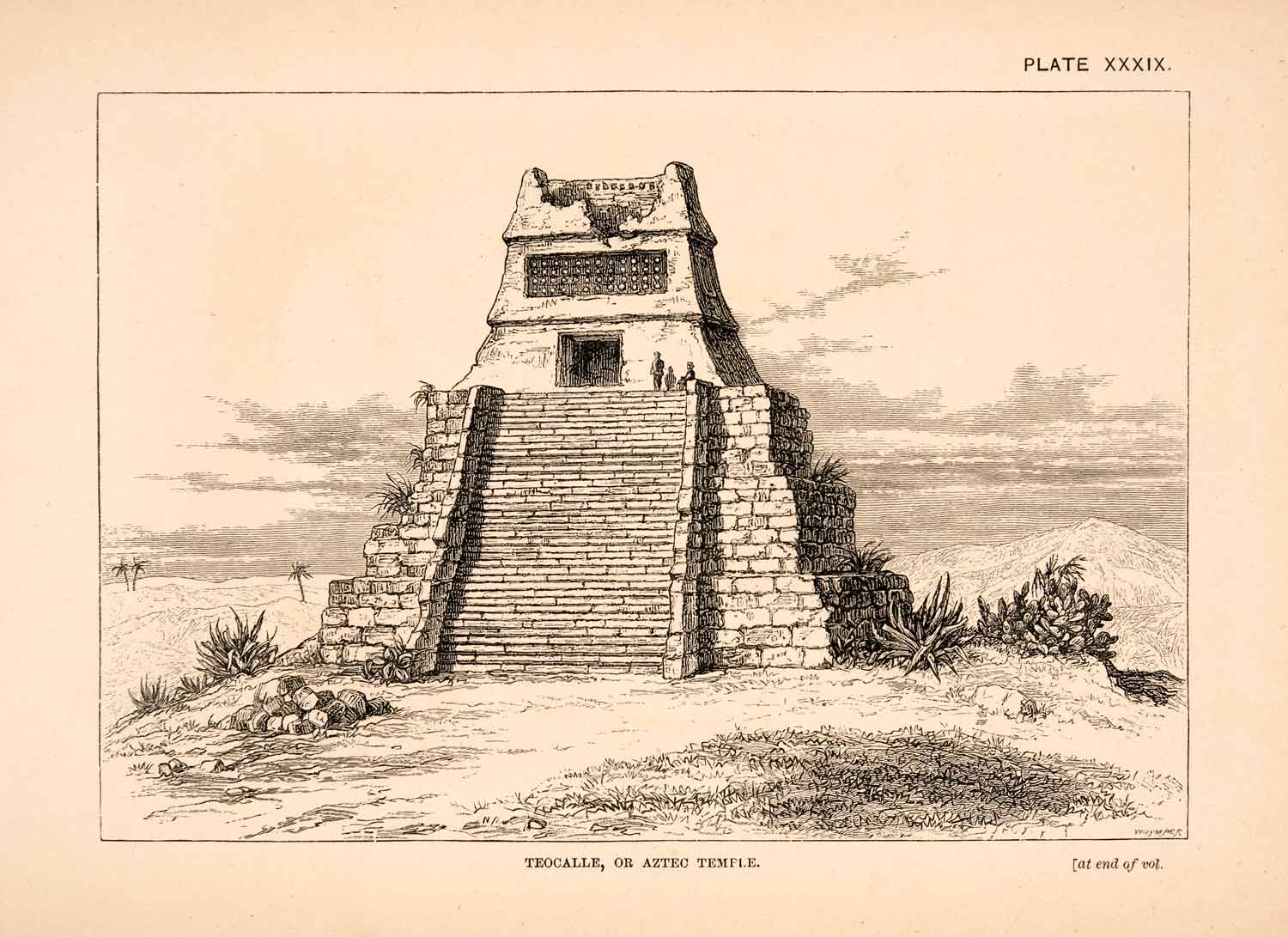 1883 Wood Engraving Teocalle Aztec Temple Ancient Mexico Thomas XGPA4