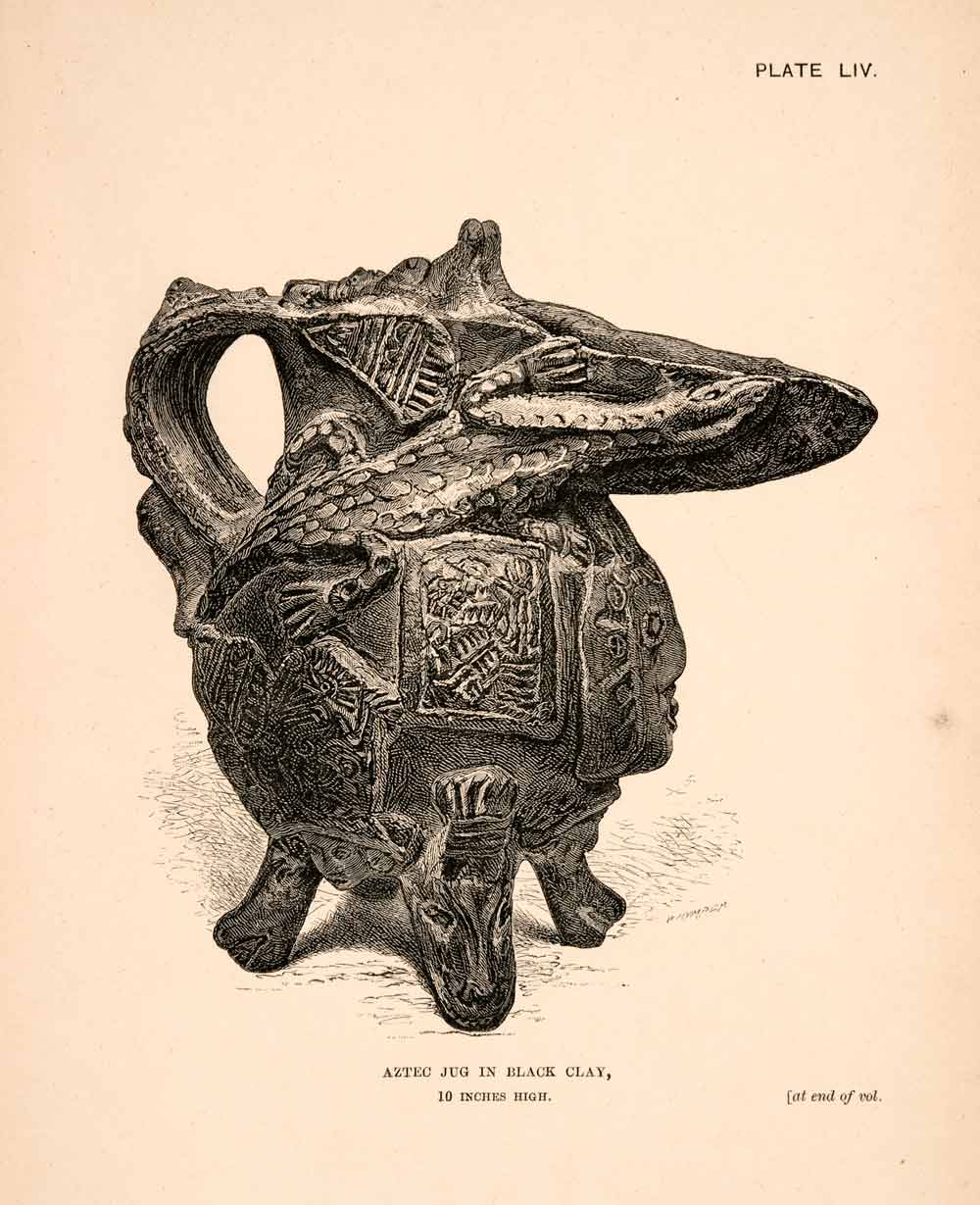 1883 Wood Engraving Aztec Ancient Jug Black Clay Mexico Thomas Unet XGPA4