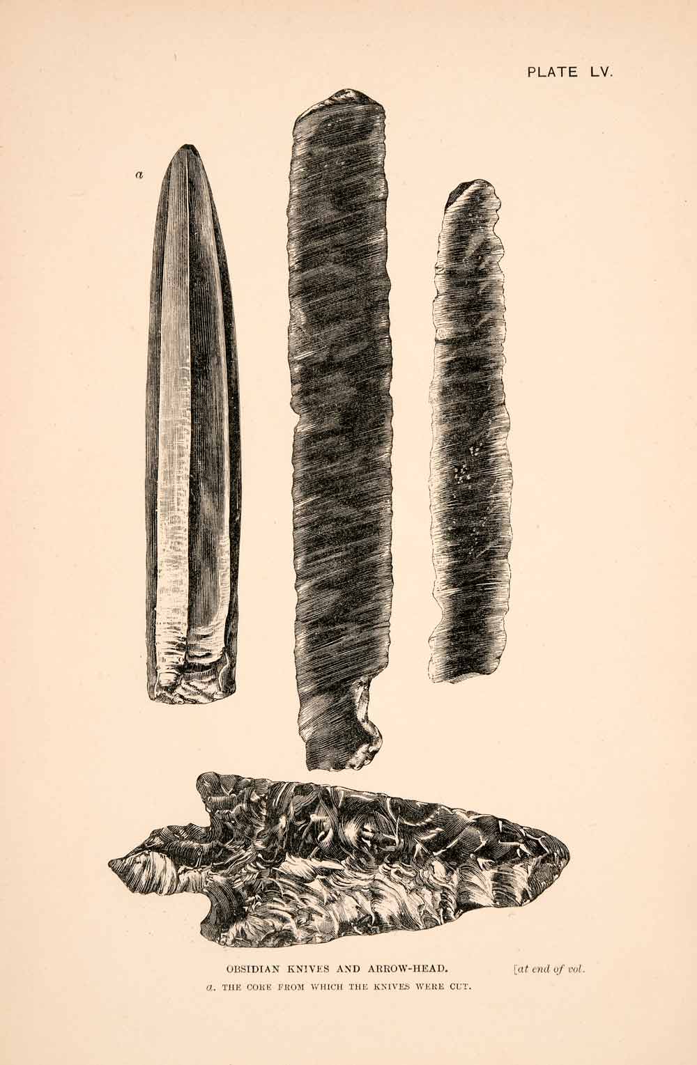 1883 Wood Engraving Ancient Knives Arrowhead Obsidian Mexico Thomas XGPA4