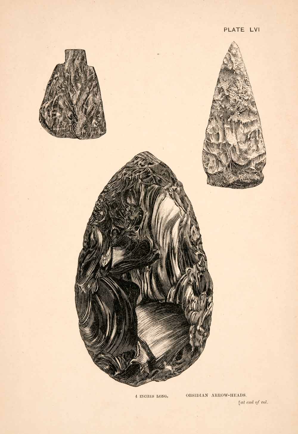 1883 Wood Engraving Obsidian Arrowheads Ancient Mexico Thomas Unett XGPA4
