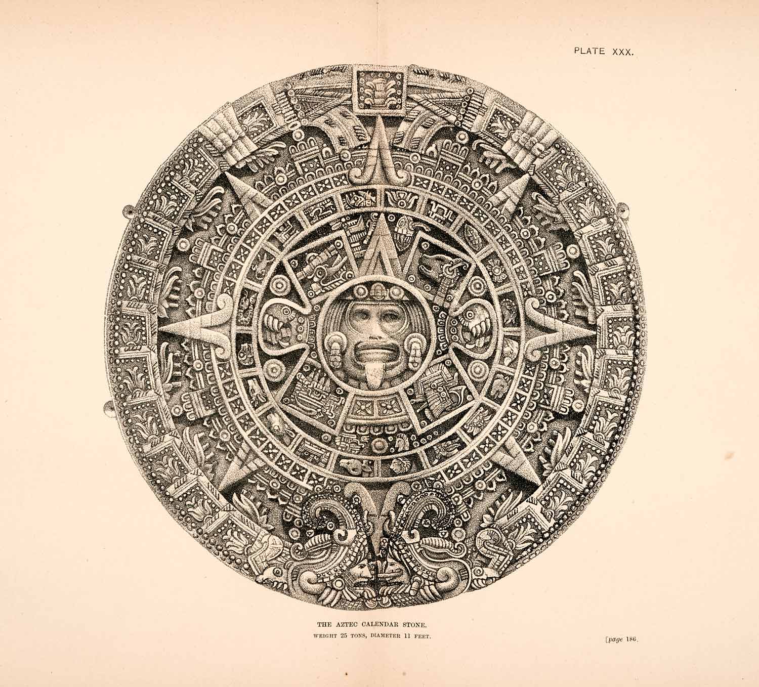 1883 Wood Engraving Calendar Stone Ancient Aztec Mexico Thomas XGPA4