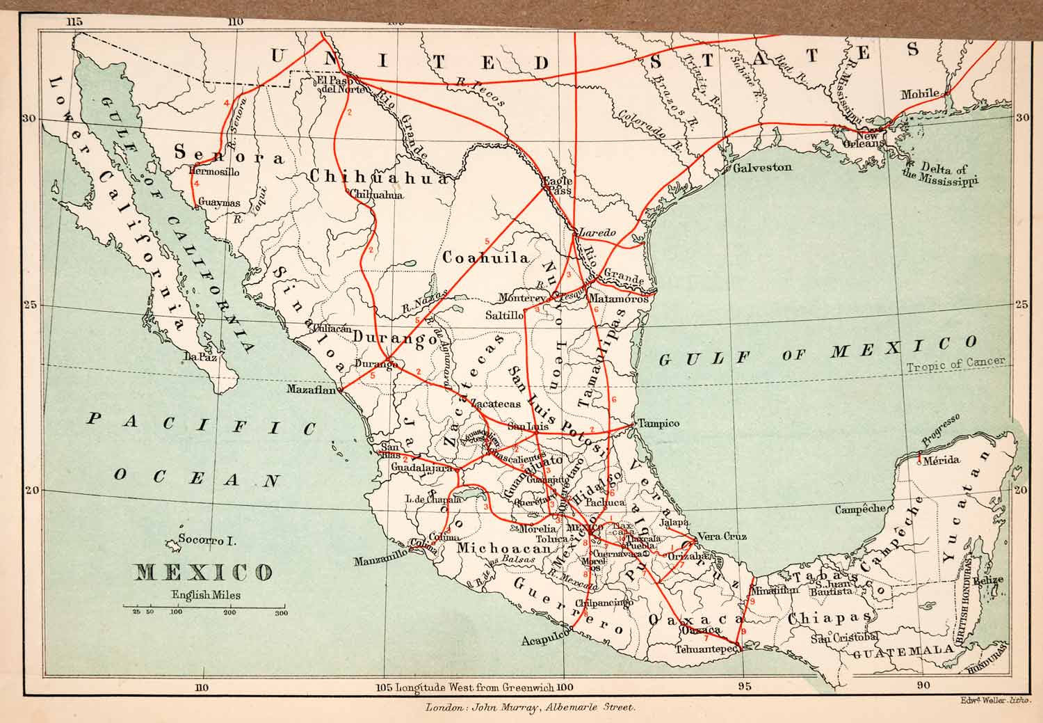 1883 Lithograph Map Mexico Railroad Routes Transport Thomas Unett XGPA ...