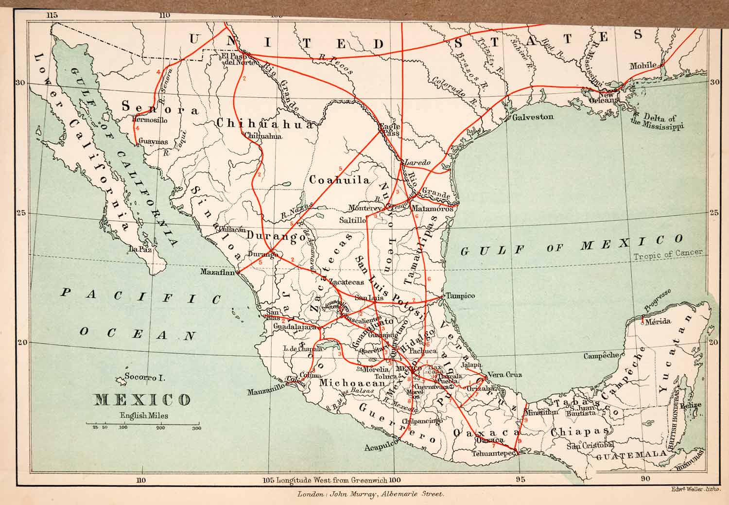 1883 Lithograph Map Mexico Railroad Routes Transport Thomas Unett XGPA4