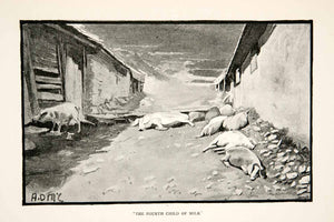 1895 Print Art Farm Animals Barn Dirt Street Pig Swine Litter Livestock XGPB1