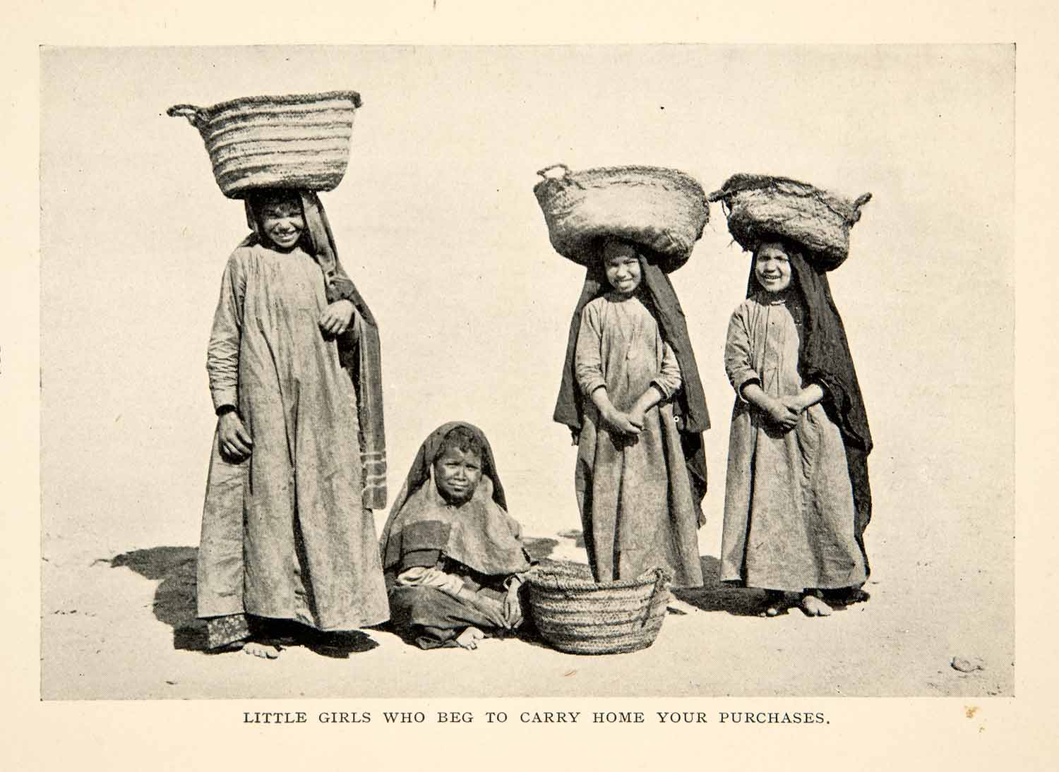 1914 Print Little Girls Portrait Porter Carry Basket Costume Fashion Cairo XGPB4