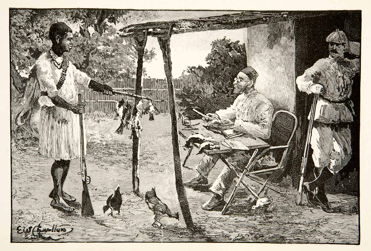 1890 Wood Engraving Governor Emin Pasha Studying Birds Equatoria Sudan XGPB5
