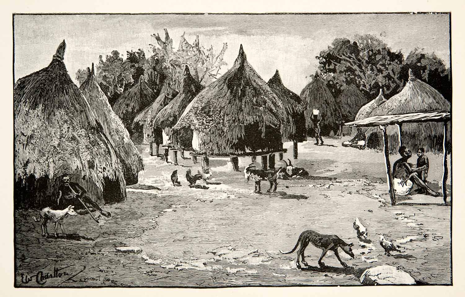 1890 Wood Engraving Bari Village White Nile Valley Equatoria Sudan African XGPB5