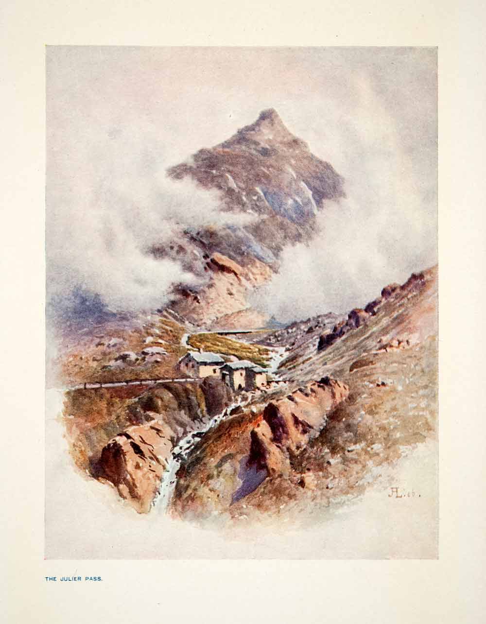 1907 Color Print Julier Pass Switzerland Swiss Alps Tranquil Town XGPB6