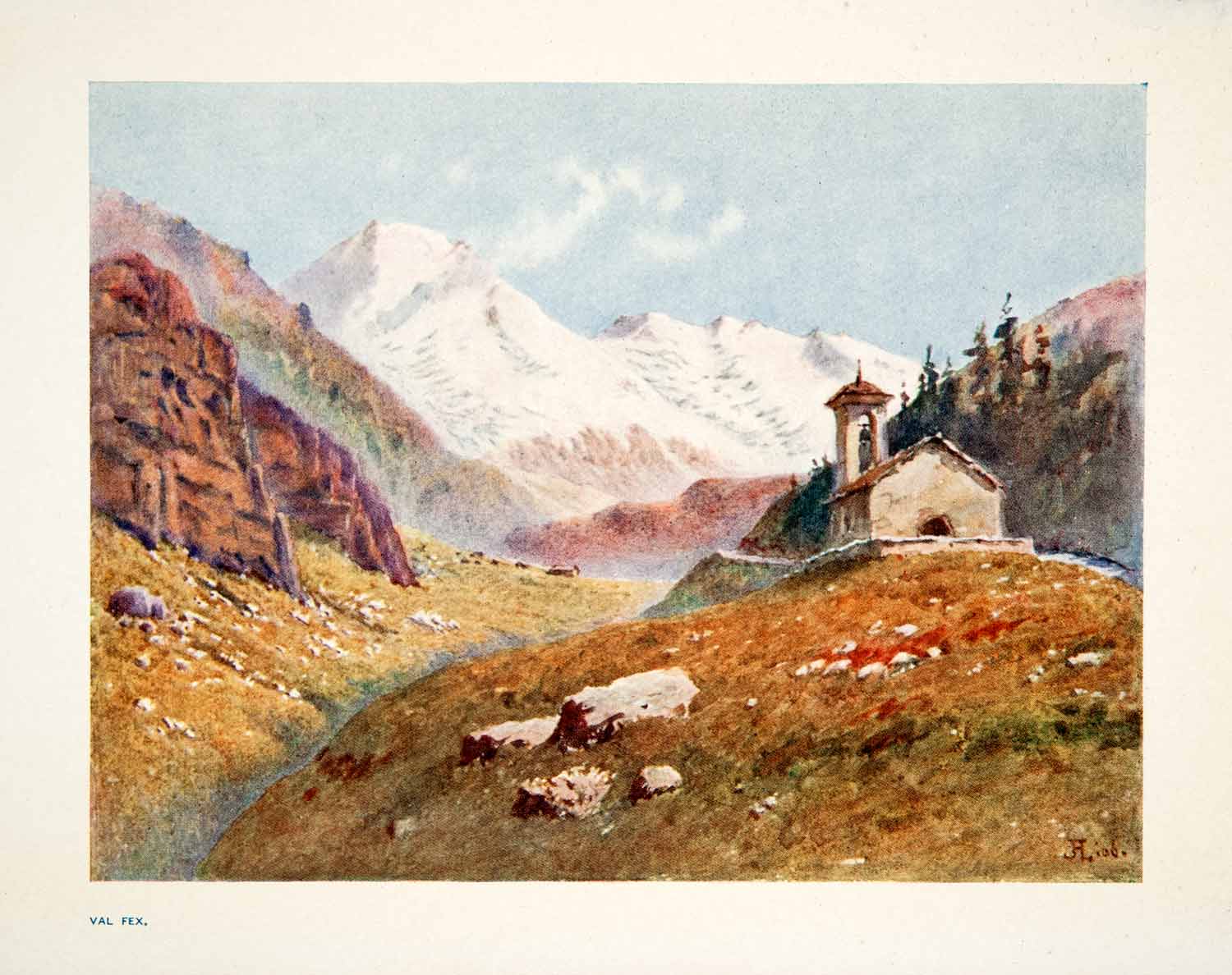 1907 Color Print Val Fex Valley Church Switzerland Swiss Als Countryside XGPB6