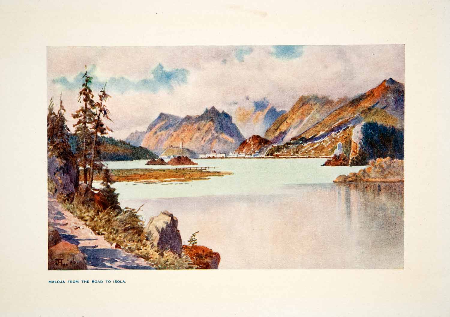 1907 Color Print Maloja Road Isola Lake Town Silvaplana Mountain Swiss XGPB6